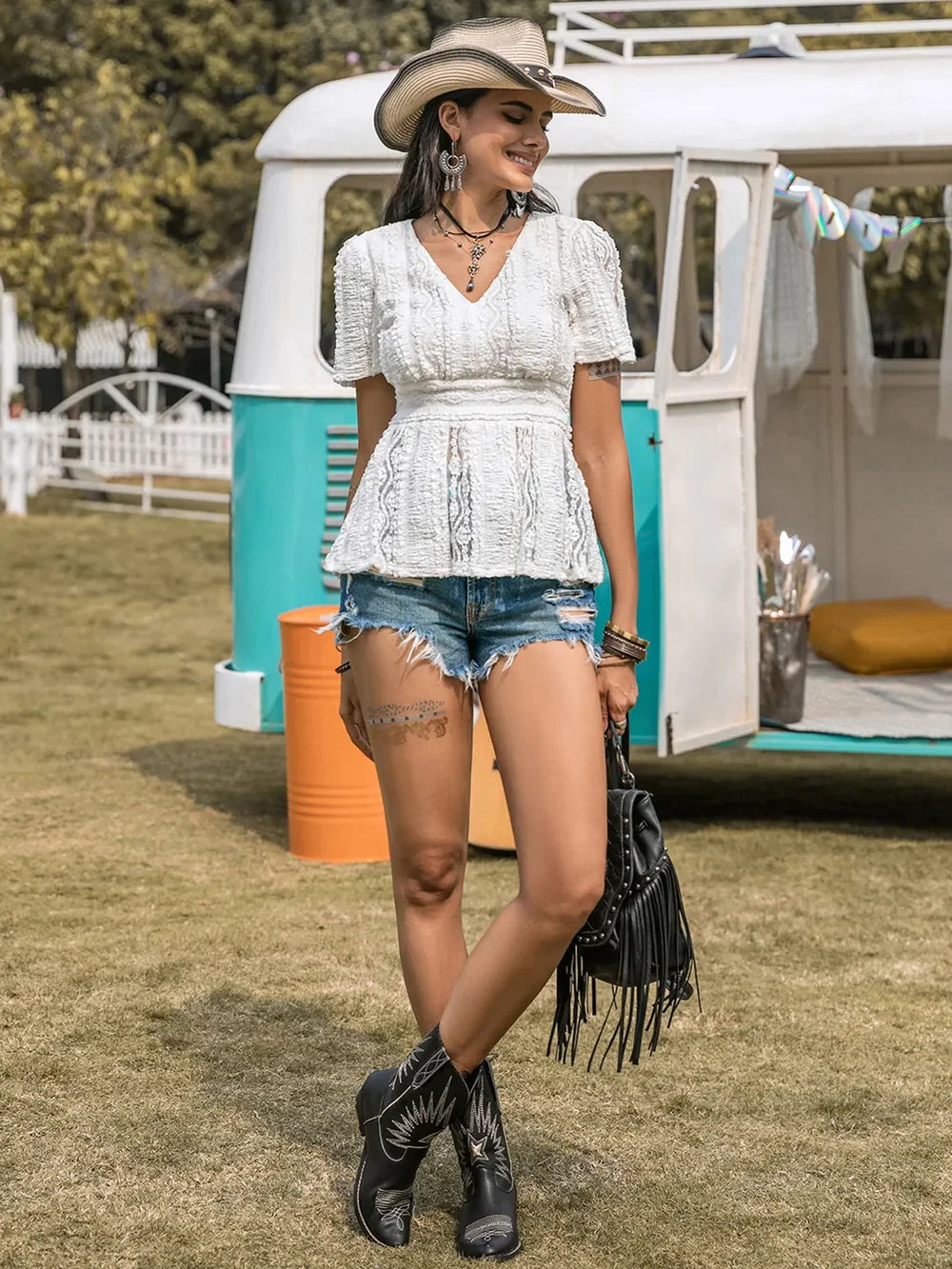 Lace V-Neck Short Sleeve Top With Sheer Panel Detailing - Southern Shores Clothing