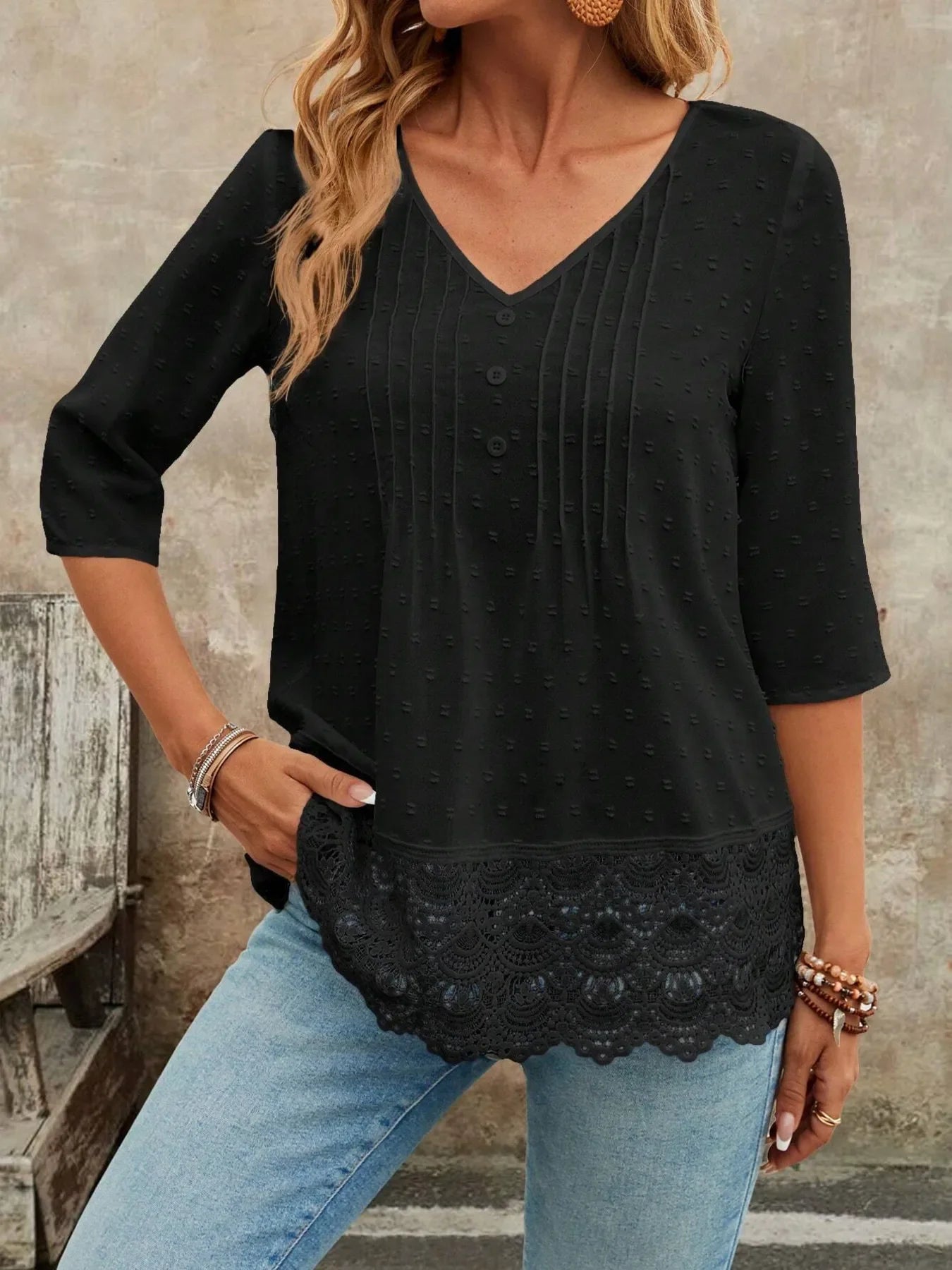 V-Neck Lace Hem Blouse With Decorative Button - Southern Shores Clothing