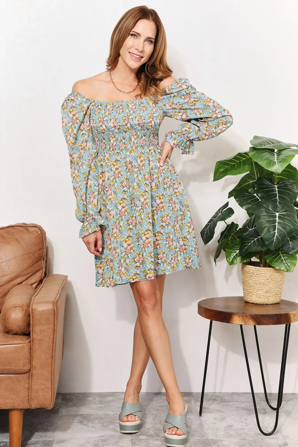 Floral Smocked Flounce Sleeve Square Neck Dress - Southern Shores Clothing