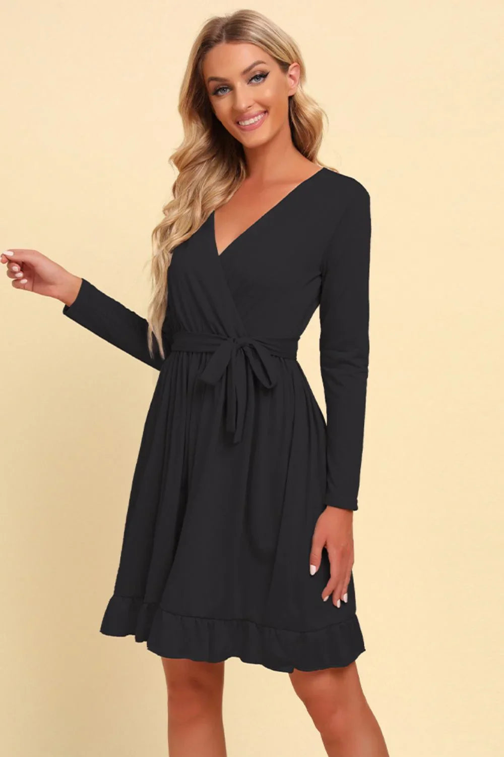 Long Sleeve Tie Waist Ruffle Hem Dress - Southern Shores Clothing