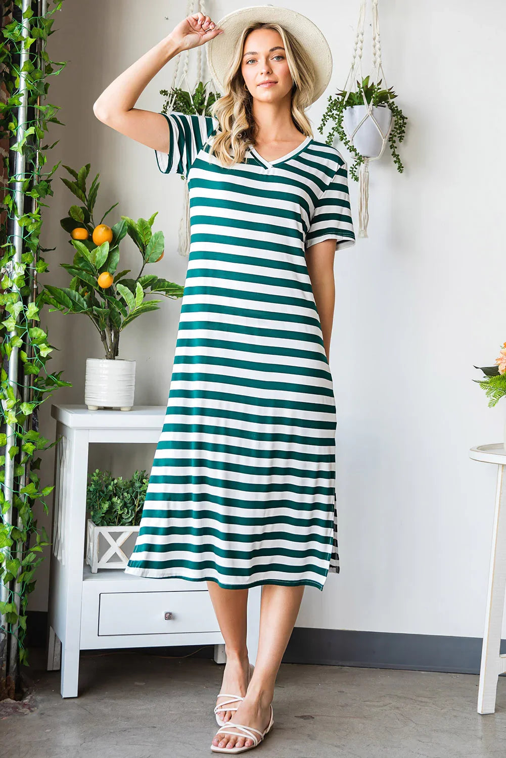 Striped V-Neck Short Sleeve Side Slit Dress - Southern Shores Clothing