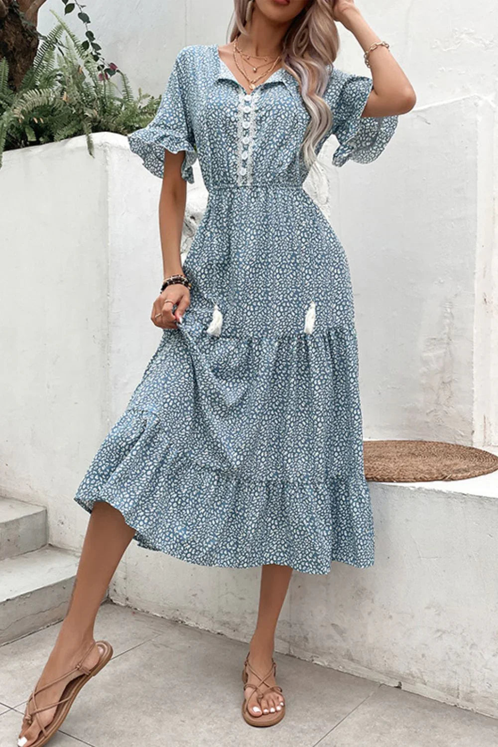 Leopard Print Tassel Tie Flounce Sleeve Dress - Southern Shores Clothing