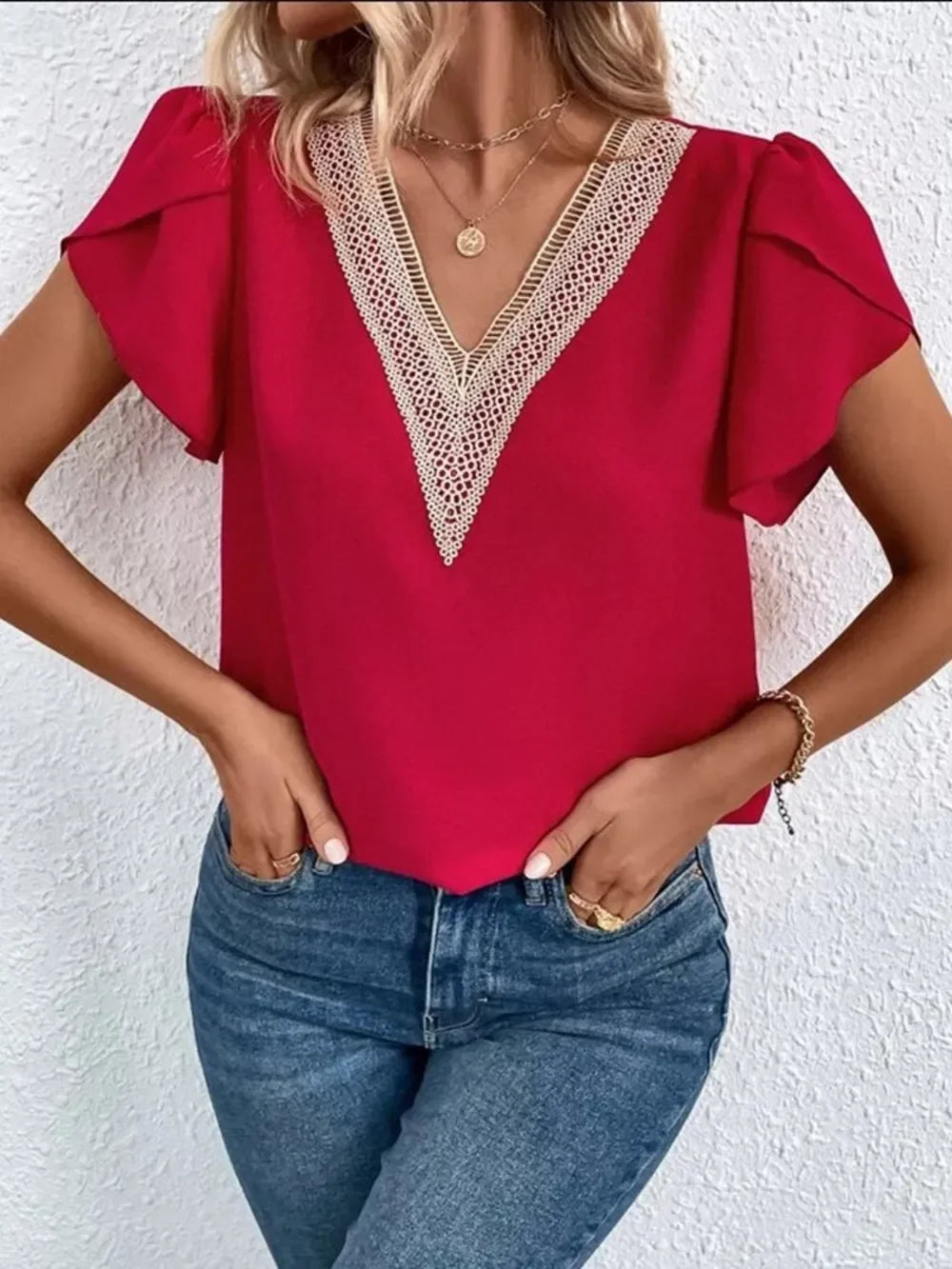Southern Shores Clothing V-Neck Petal Sleeve 100% Polyester Blouse For Versatile Wear - Southern Shores Clothing