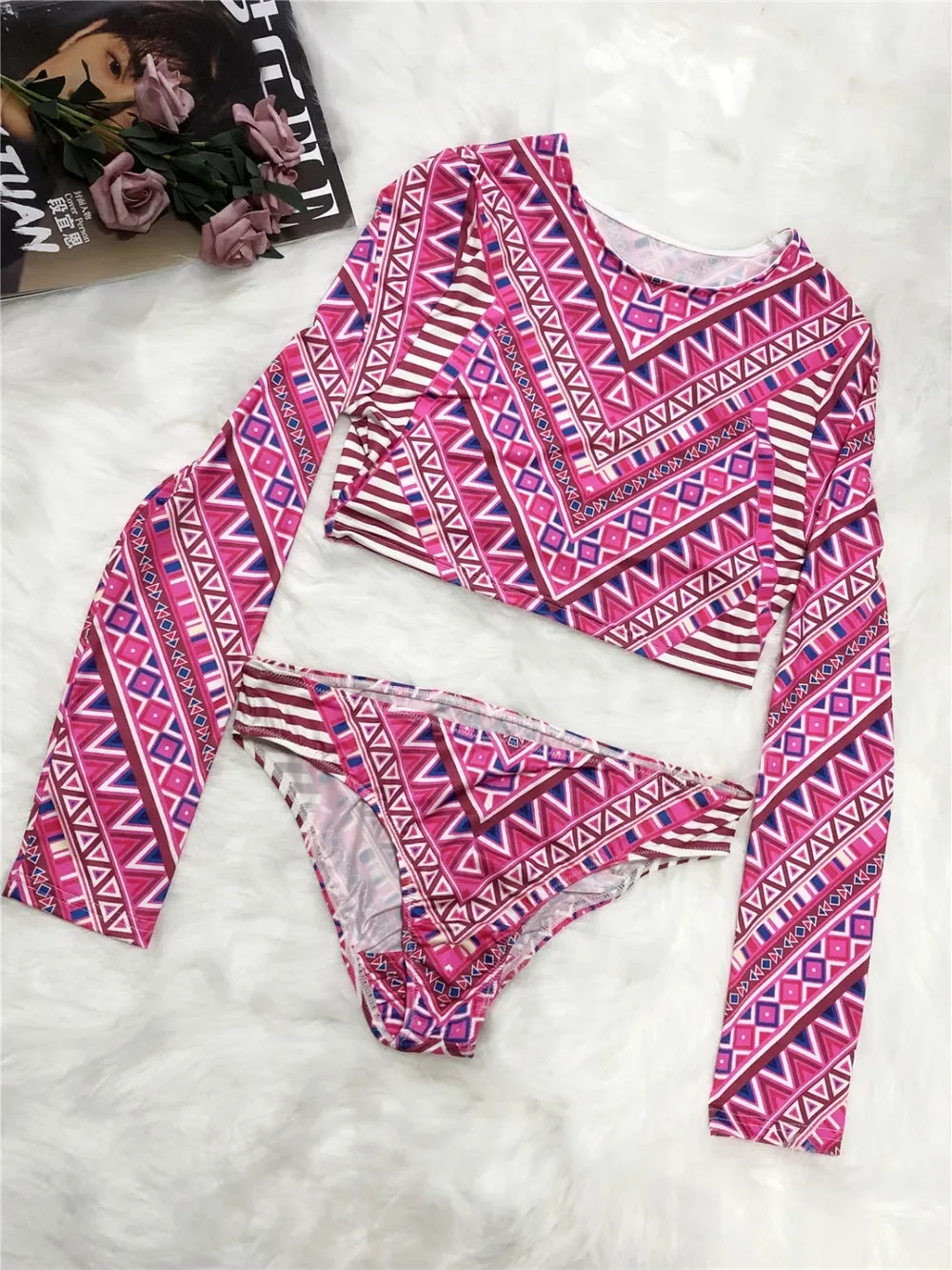 Geometric Print Long Sleeve Swim Top And Two-Piece Brief Set - Southern Shores Clothing