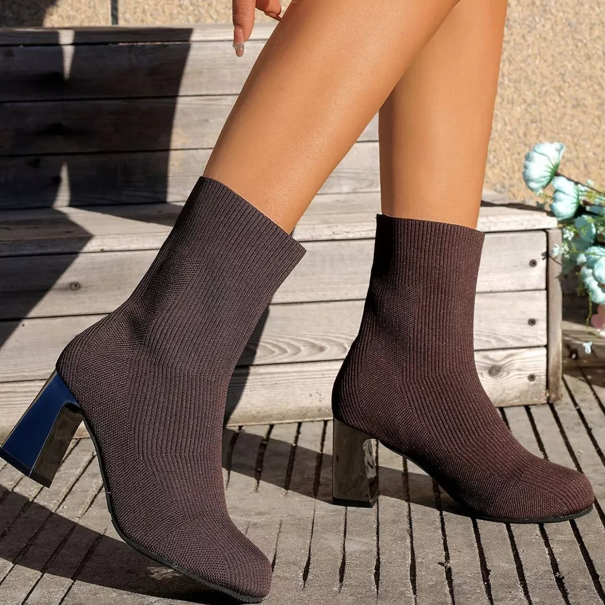 Round Toe Block Heels Boots Mesh Rubber Imported