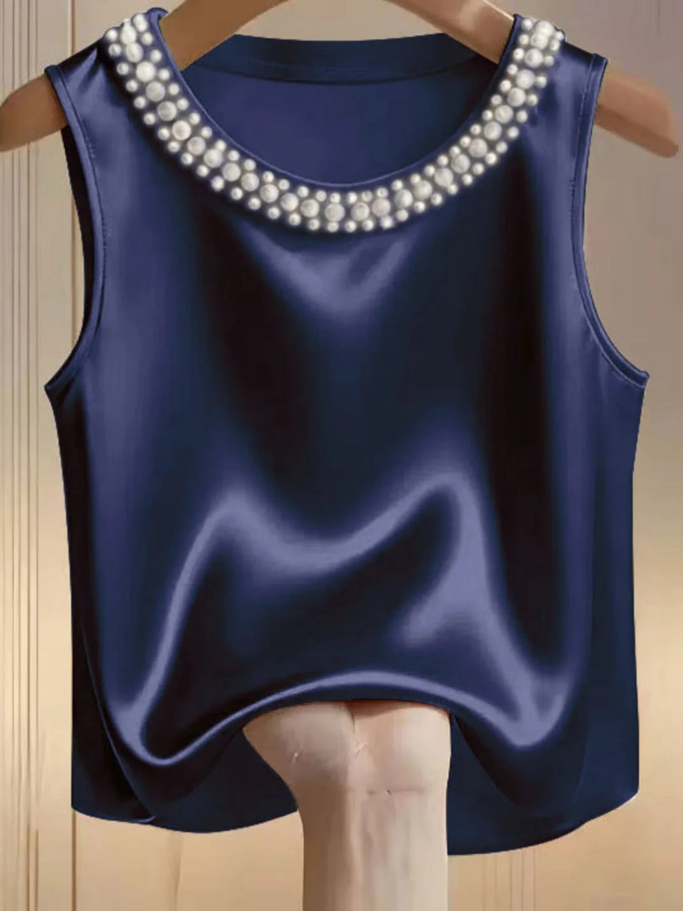 Elegant Satin Tank Top With Pearl Embellished Collar Detailing - Southern Shores Clothing