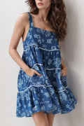 Floral Tiered Denim Dress With Square Neckline Sleeveless - Southern Shores Clothing