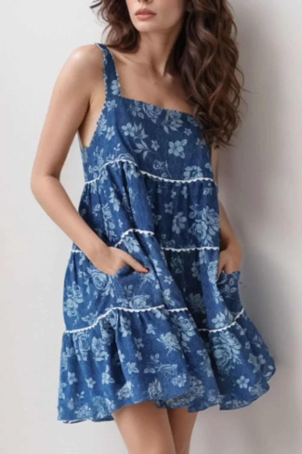 Floral Tiered Denim Dress With Square Neckline Sleeveless - Southern Shores Clothing