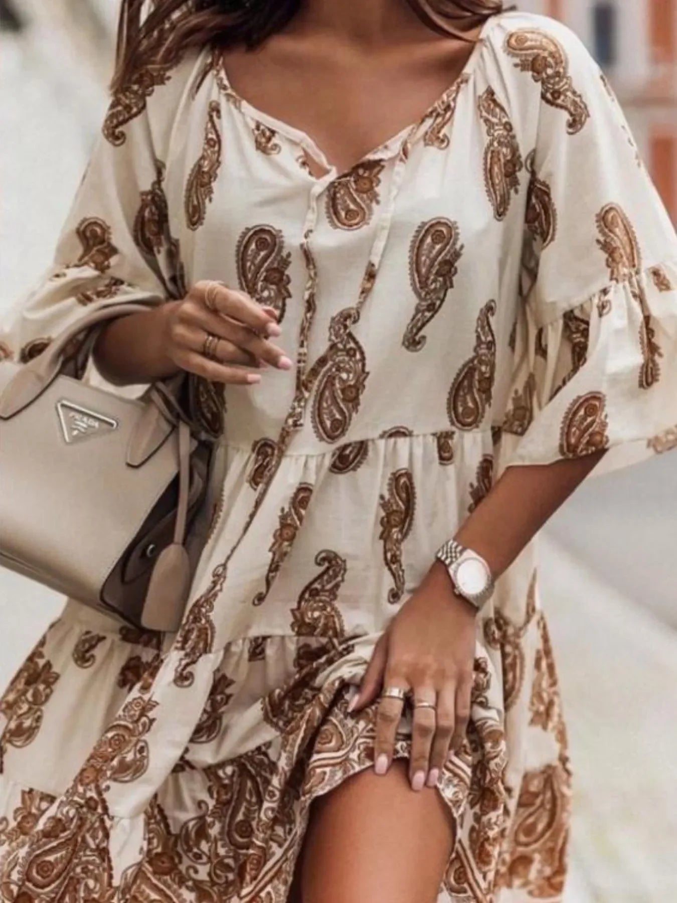 Paisley Print Tie Neck Half Sleeve Mini Dress Casual Everyday - Southern Shores Clothing