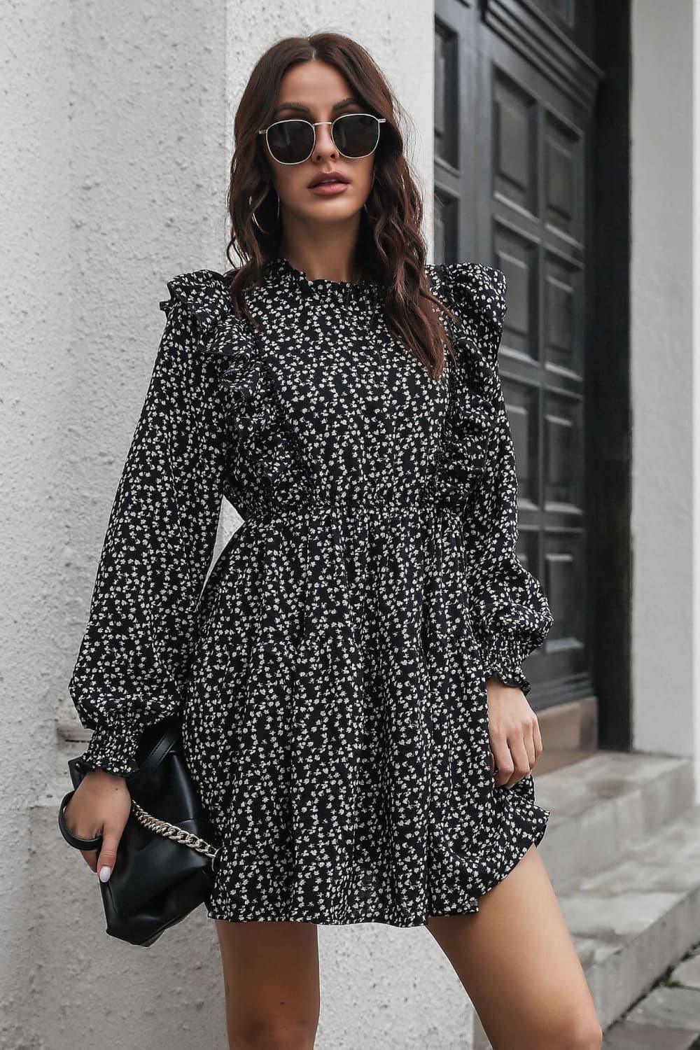 Printed Ruffle Trim Smocked Long Sleeve Mini Dress - Southern Shores Clothing