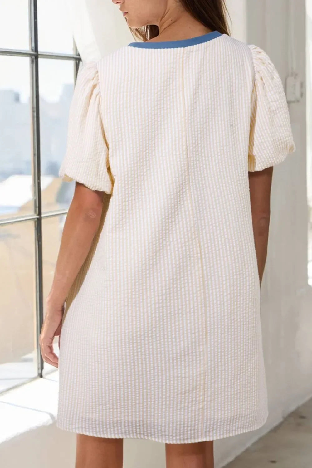 Stripe Seersucker Round Neck Puff Sleeve T Shirt Dress - Southern Shores Clothing