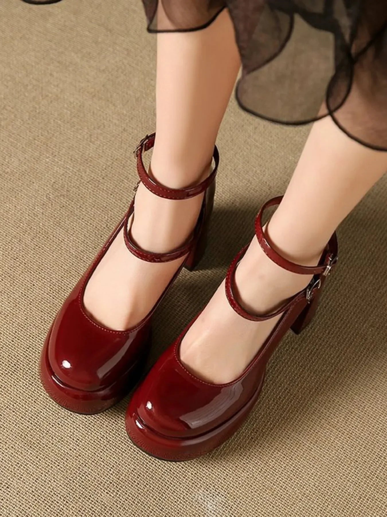 Patent Leather Mary Jane Platform Pumps Mid Heel - Southern Shores Clothing
