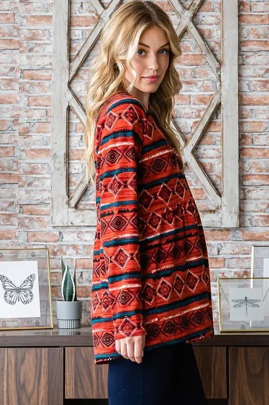 Long Sleeve Geometric Babydoll Top With Button Details - Southern Shores Clothing