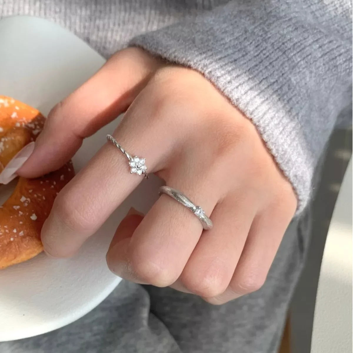 Sterling Silver Zircon Flower Ring With Open Band Design - Southern Shores Clothing