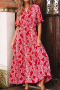 Paisley Print Side Slit High Waist Maxi Dress With Puff Sleeves - Southern Shores Clothing