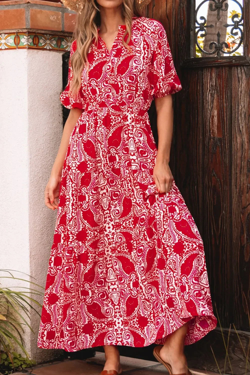 Paisley Print Side Slit High Waist Maxi Dress With Puff Sleeves - Southern Shores Clothing