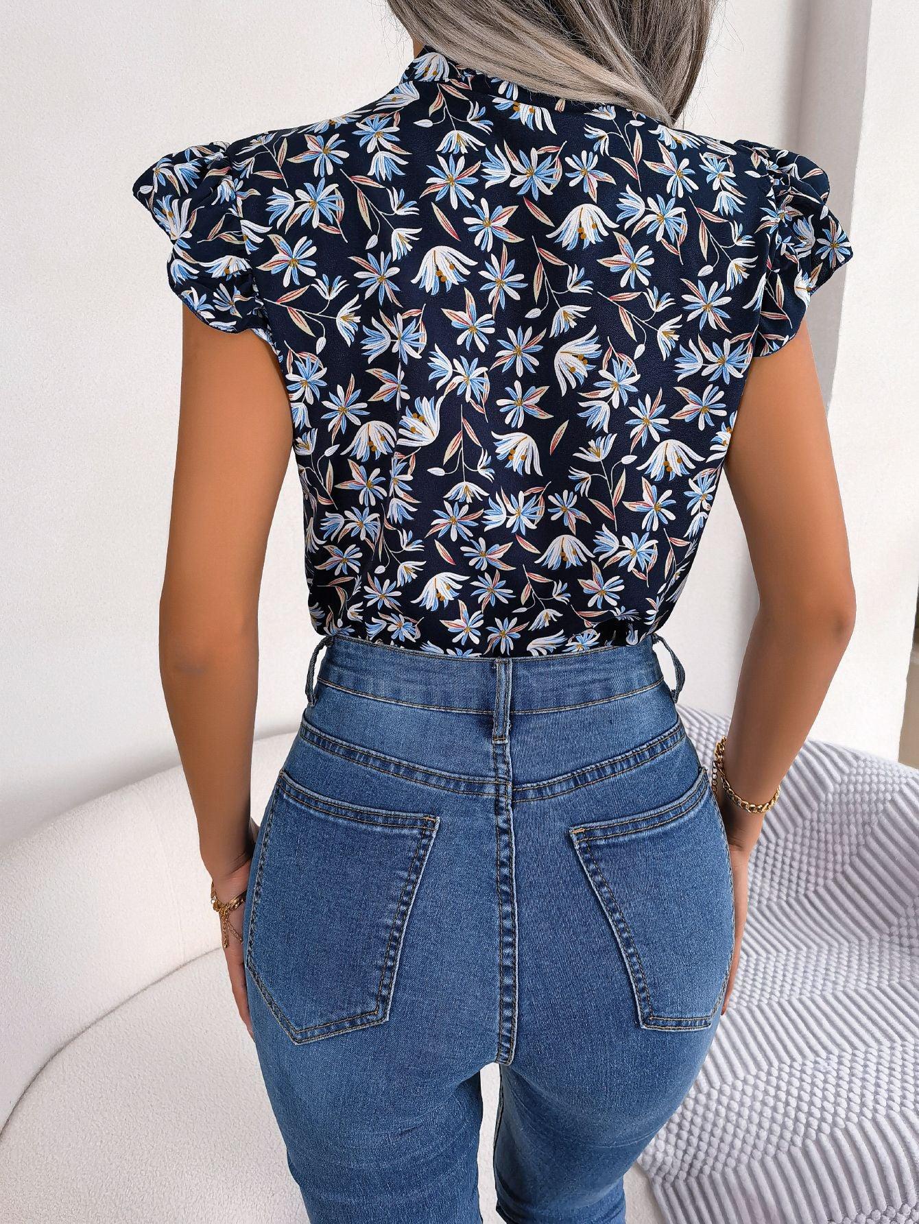 Floral Printed Tie Neck Flutter Sleeve Blouse Polyester - Southern Shores Clothing