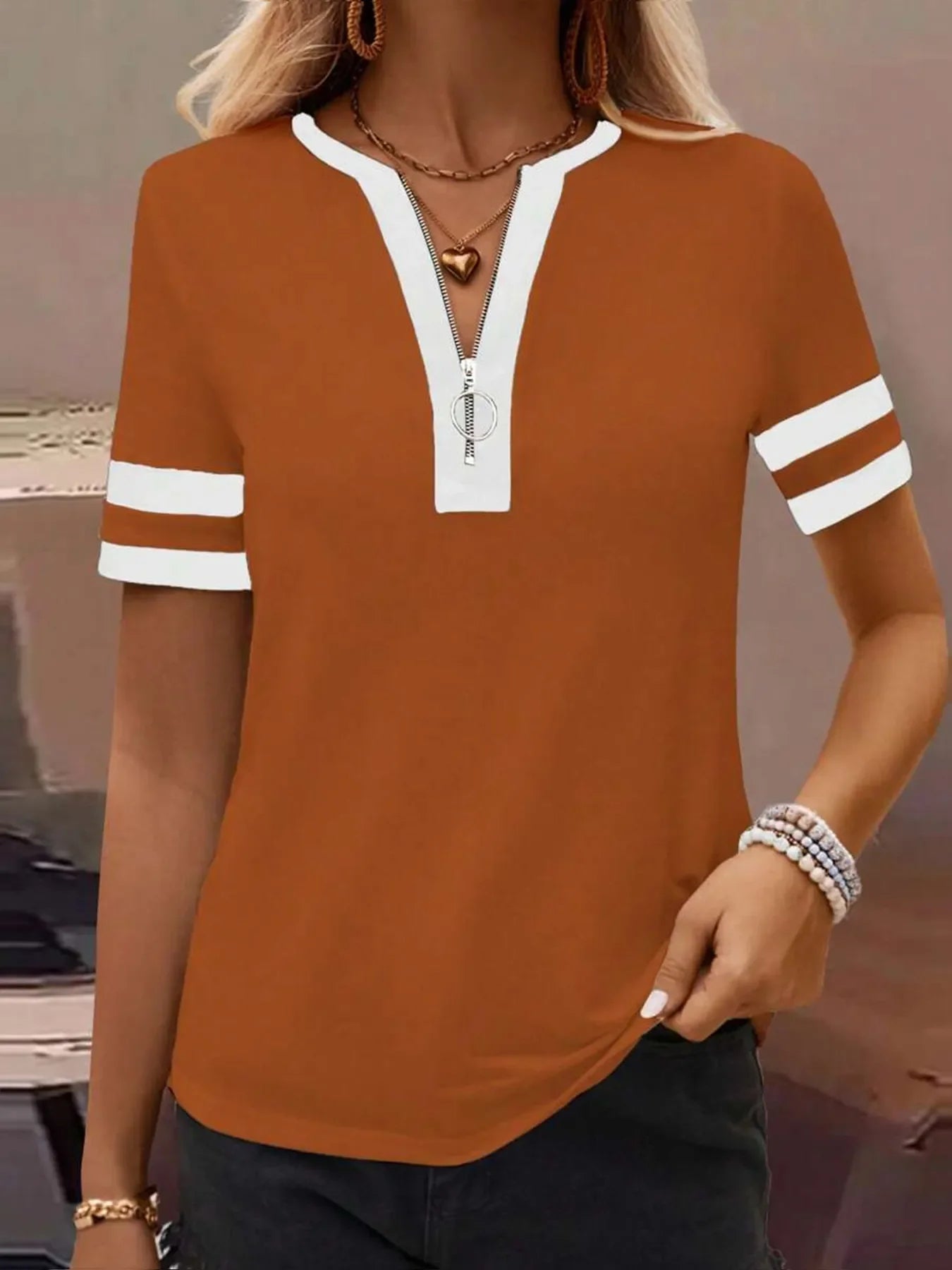 Striped Short Sleeve Stretch Half Zip T Shirt - Southern Shores Clothing