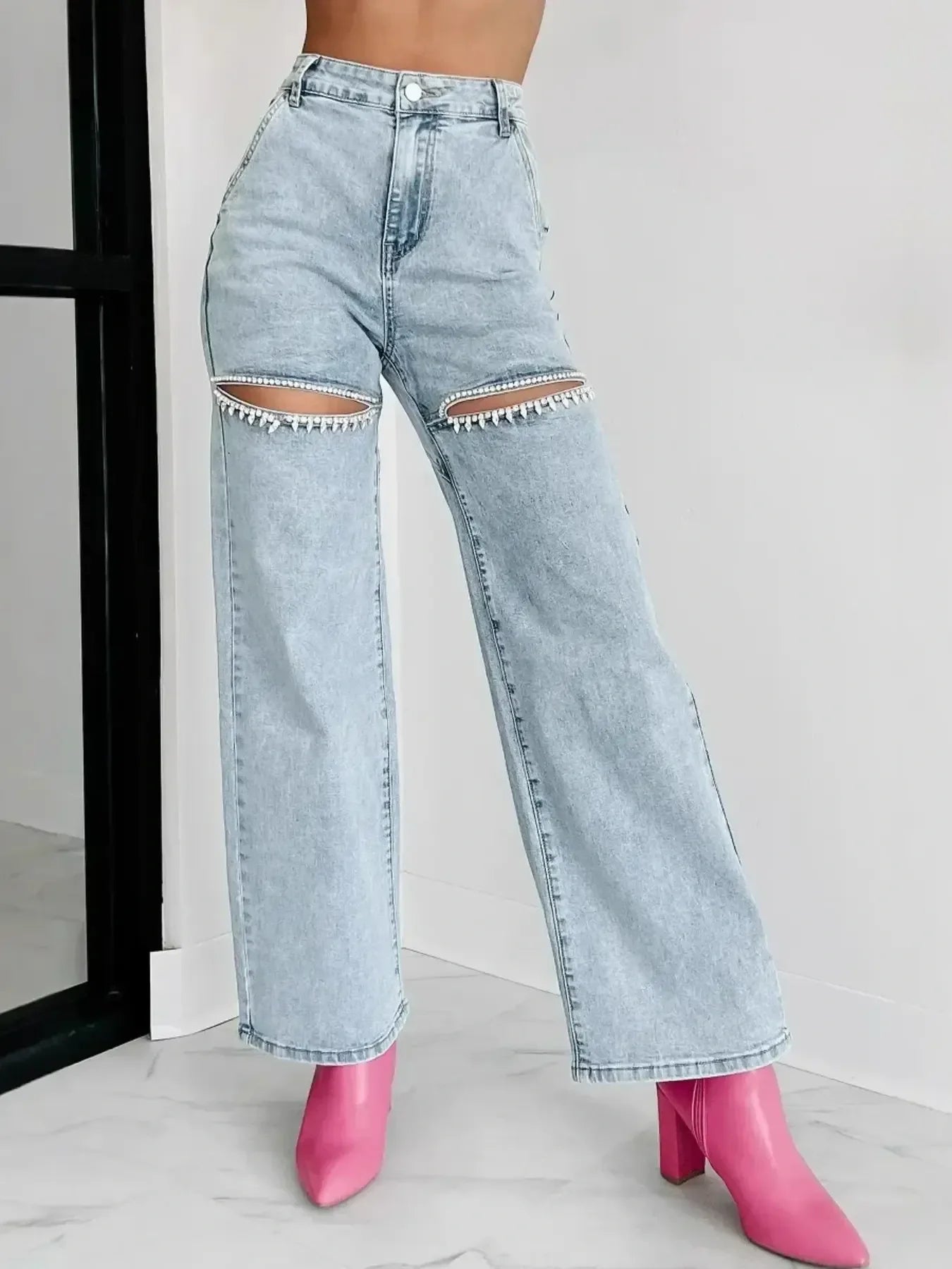 High Waist Cutout Wide Leg Denim Jeans Nautical Style - Southern Shores Clothing