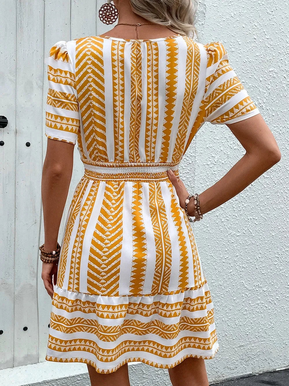 Geometric Print Notched Short Sleeve Mini Dress Casual Wearable - Southern Shores Clothing