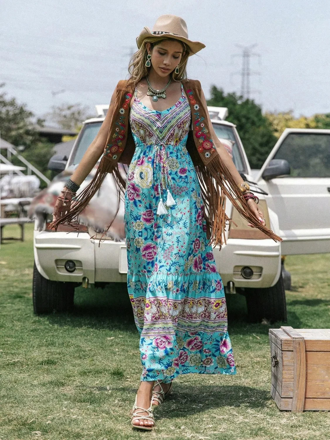 Tassel Floral Print Tiered Cami Dress With Sleeveless Design - Southern Shores Clothing