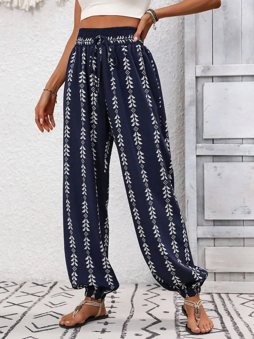 Tied Printed High Waist Wide Leg Pants With Drawstring Tie - Southern Shores Clothing