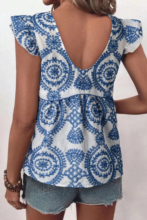 Boho Print Ruffled Cap Sleeve Crew Neck Blouse - Southern Shores Clothing
