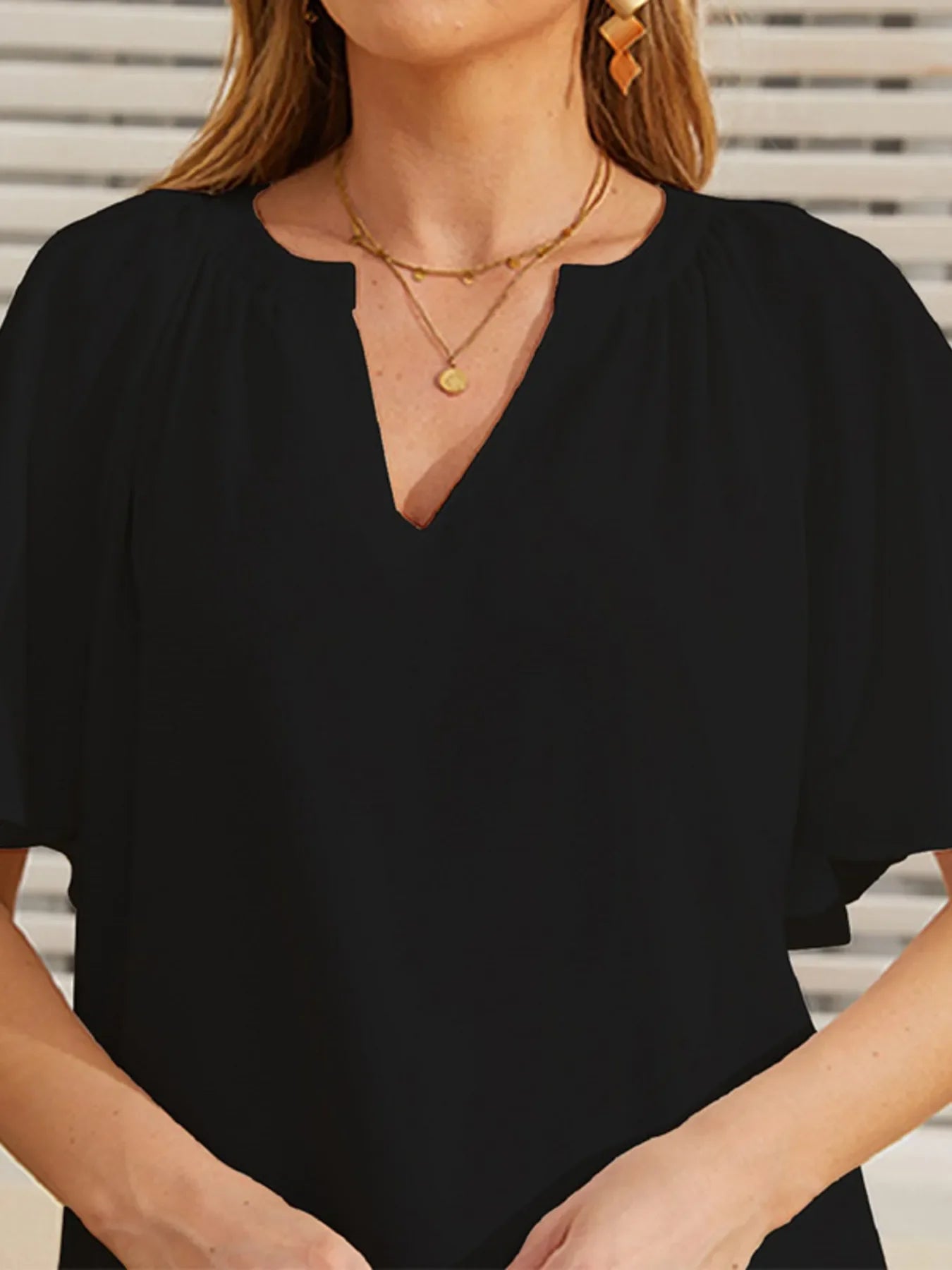 Southern Shores Clothing Flutter Sleeve Notched Blouse Made Of 100 Percent Polyester For Casual Wear - Southern Shores Clothing