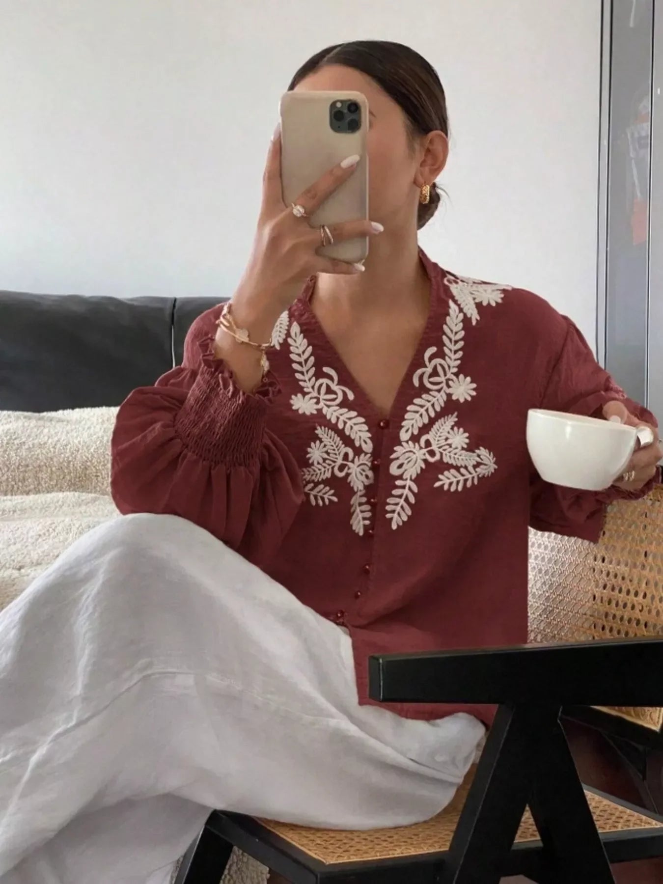 Southern Shores Elegant Embroidered Long Sleeve Buttoned Polyester Blouse With Je T'aime Design - Southern Shores Clothing