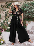 Embroidered Ruched Short Sleeve Jumpsuit - Southern Shores Clothing