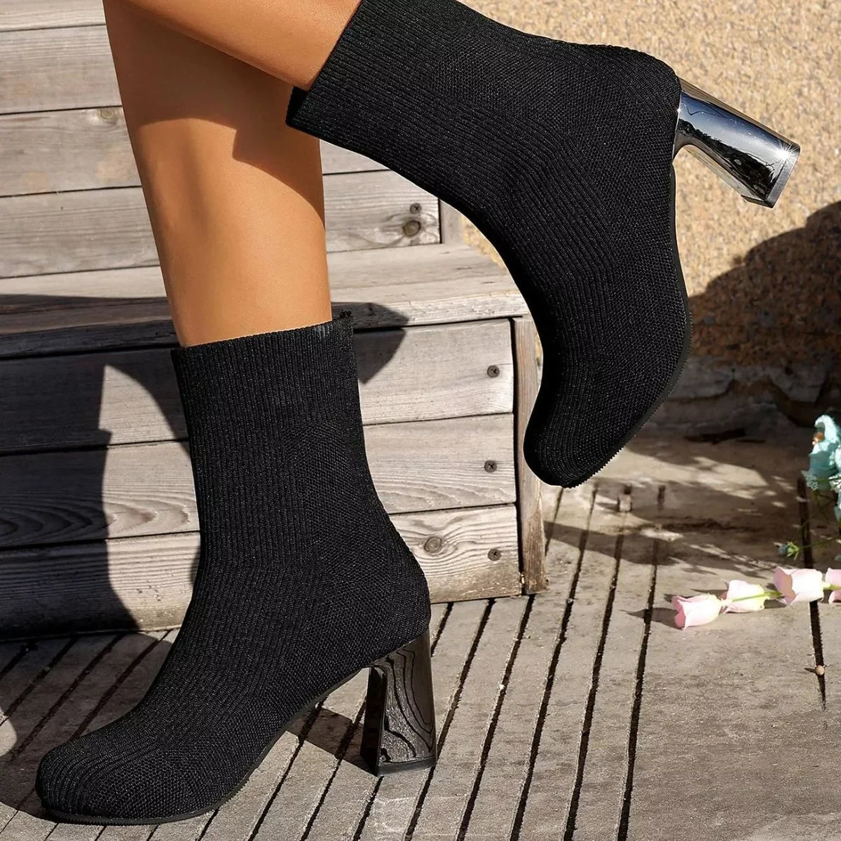 Round Toe Block Heels Boots Mesh Rubber Imported