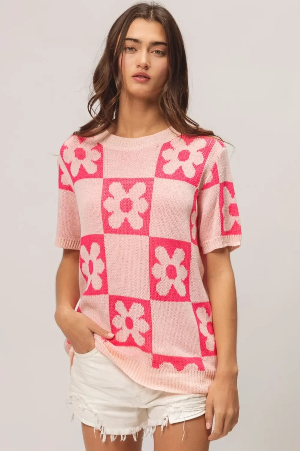 Floral Checker Pattern Short Sleeve Knit Sweater Relaxed Fit - Southern Shores Clothing