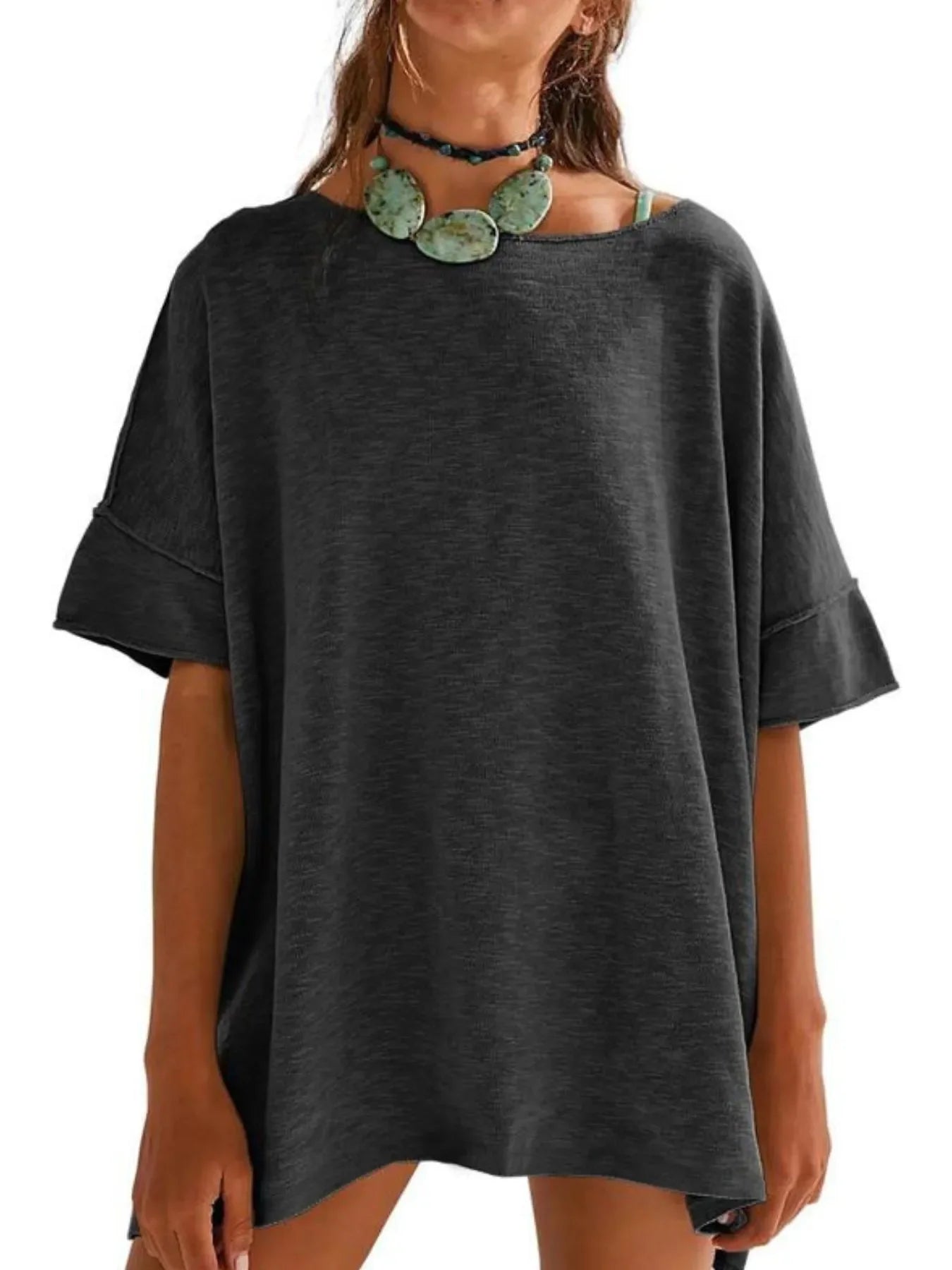 Oversized Round Neck Drop Shoulder Stretchy T Shirt - Southern Shores Clothing