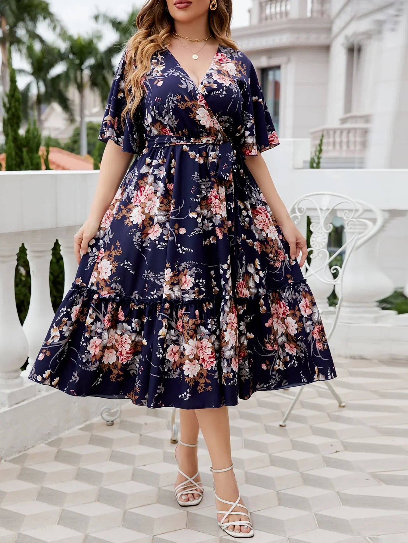 Honey Plus Size Floral Surplice Neck Midi Dress - Southern Shores Clothing