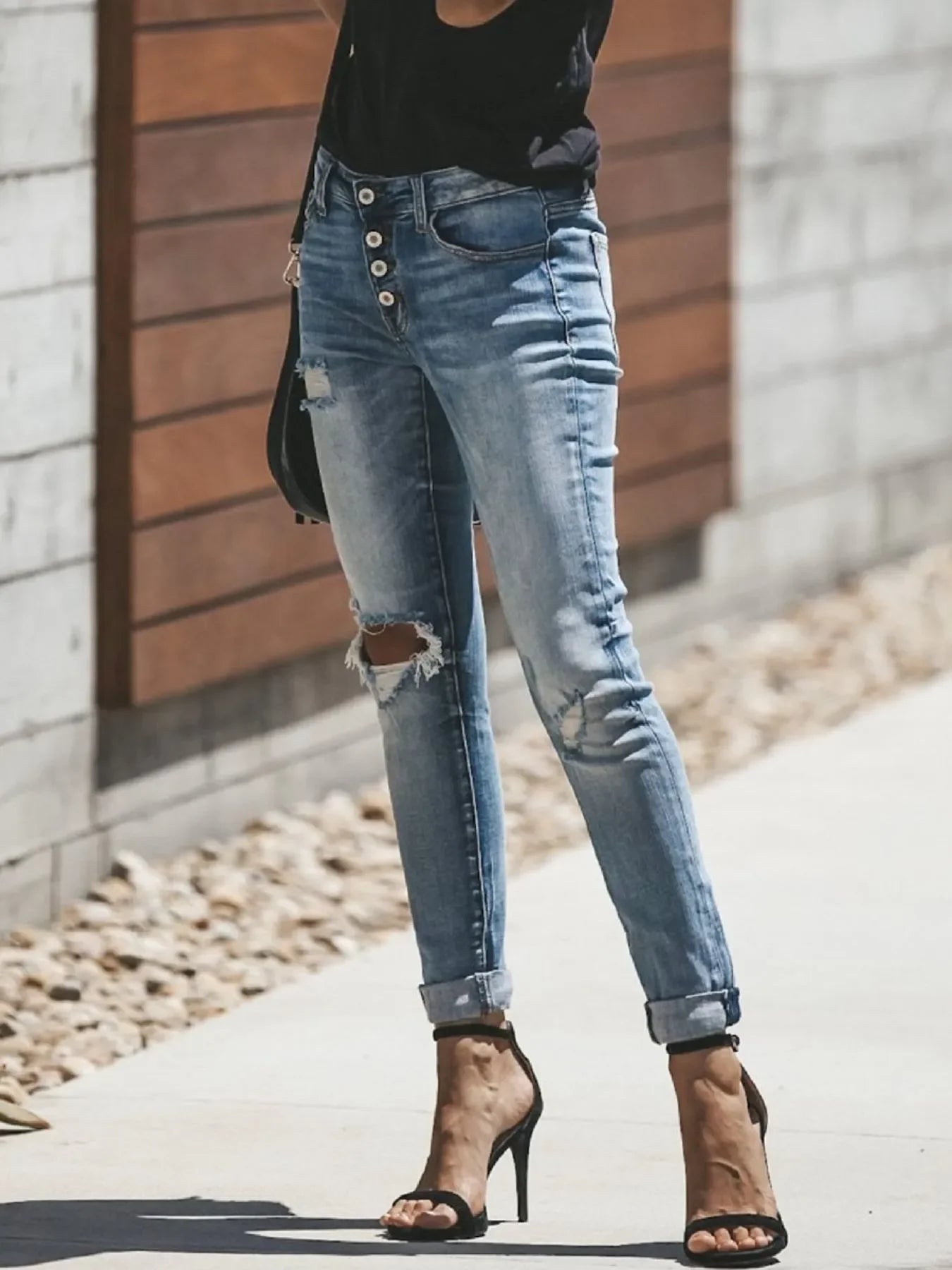 Coastal Distressed Button-Fly Skinny Jeans With Stretch - Southern Shores Clothing