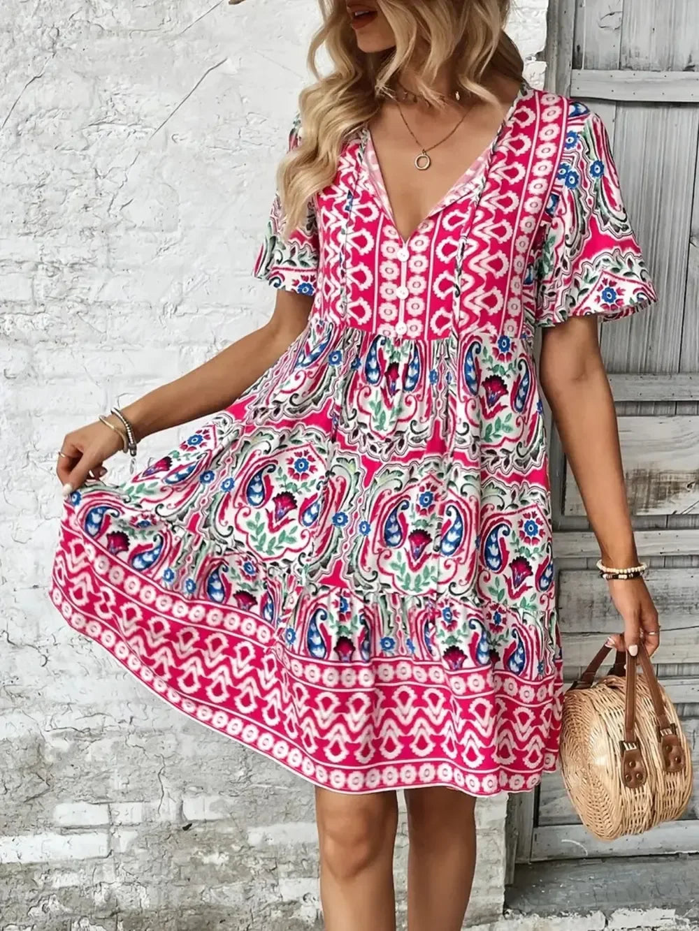 Printed Tie Neck Short Sleeve Dress With Paisley Print Pattern - Southern Shores Clothing