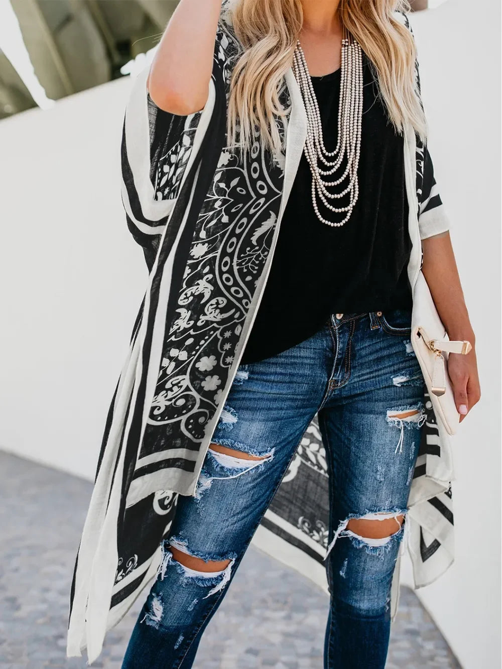 Printed Open Front Swimwear Cover Up One Size - Southern Shores Clothing