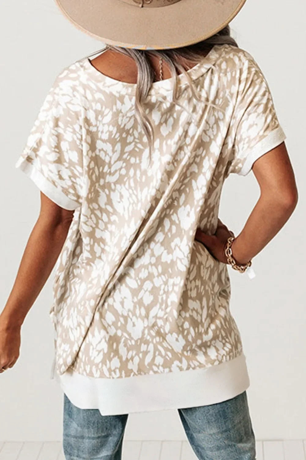 Leopard Print V-Neck Side Slit Loose Fit T Shirt - Southern Shores Clothing