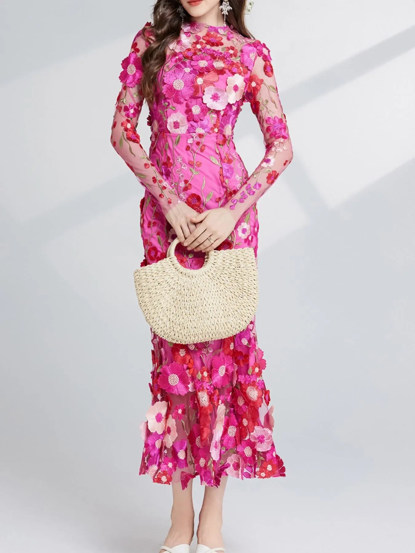 Floral Embroidered Magnolia Mesh Long Sleeve Midi Dress - Southern Shores Clothing