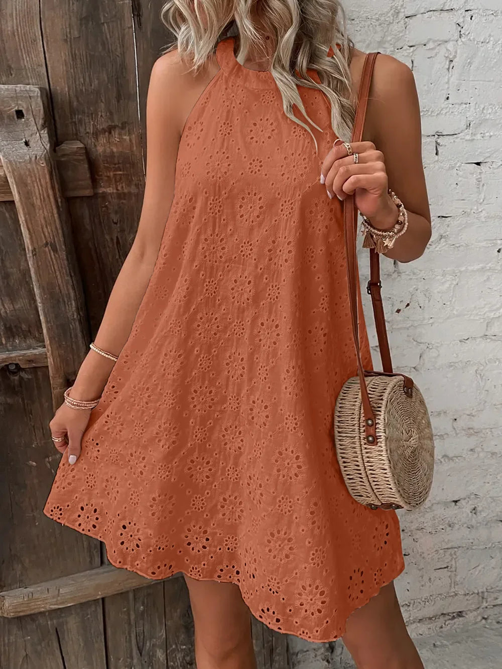 Eyelet Grecian Neck Mini Dress Coastal Style - Southern Shores Clothing