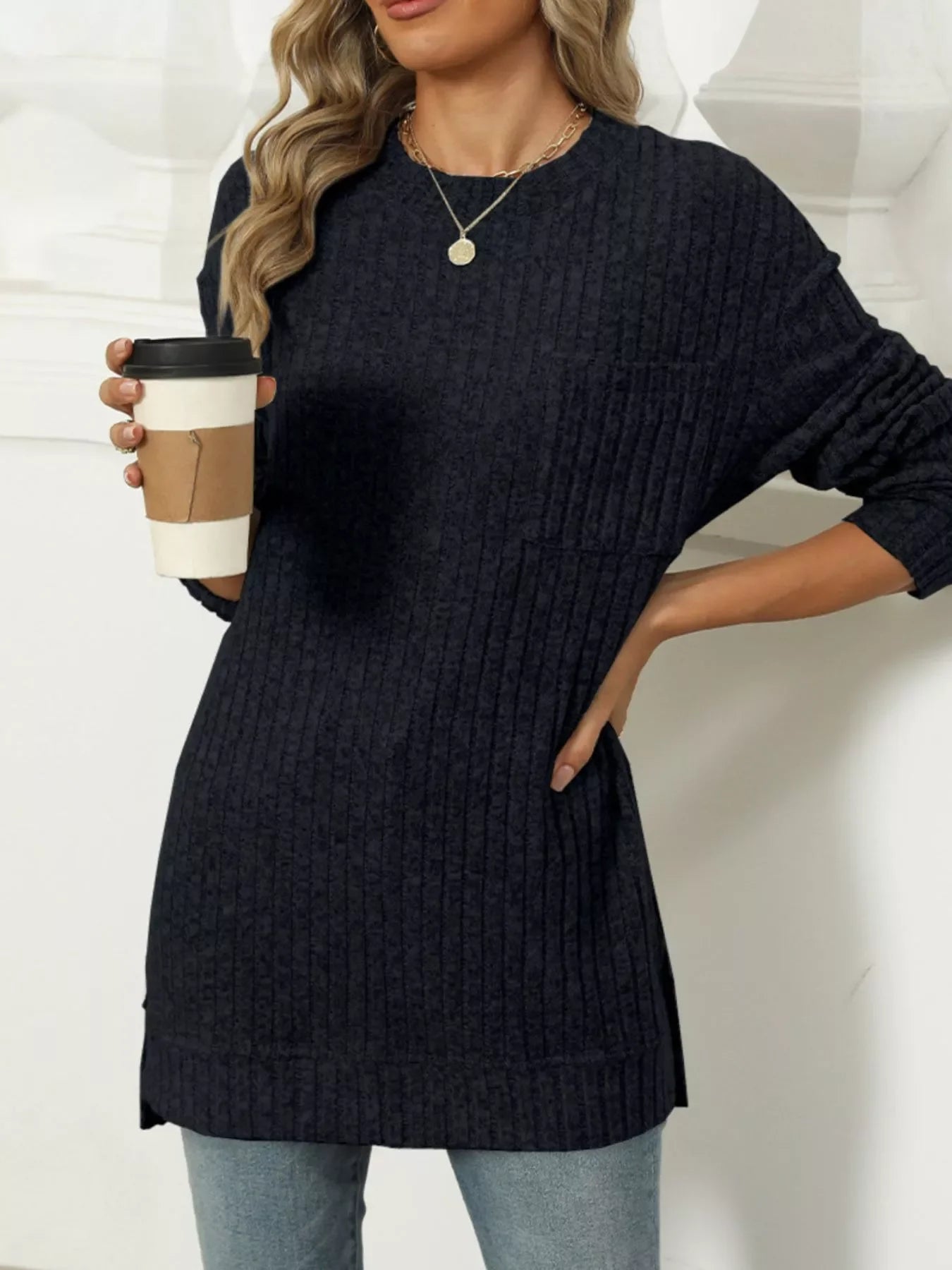Ribbed Knit Round Neck Sweater - Southern Shores Clothing