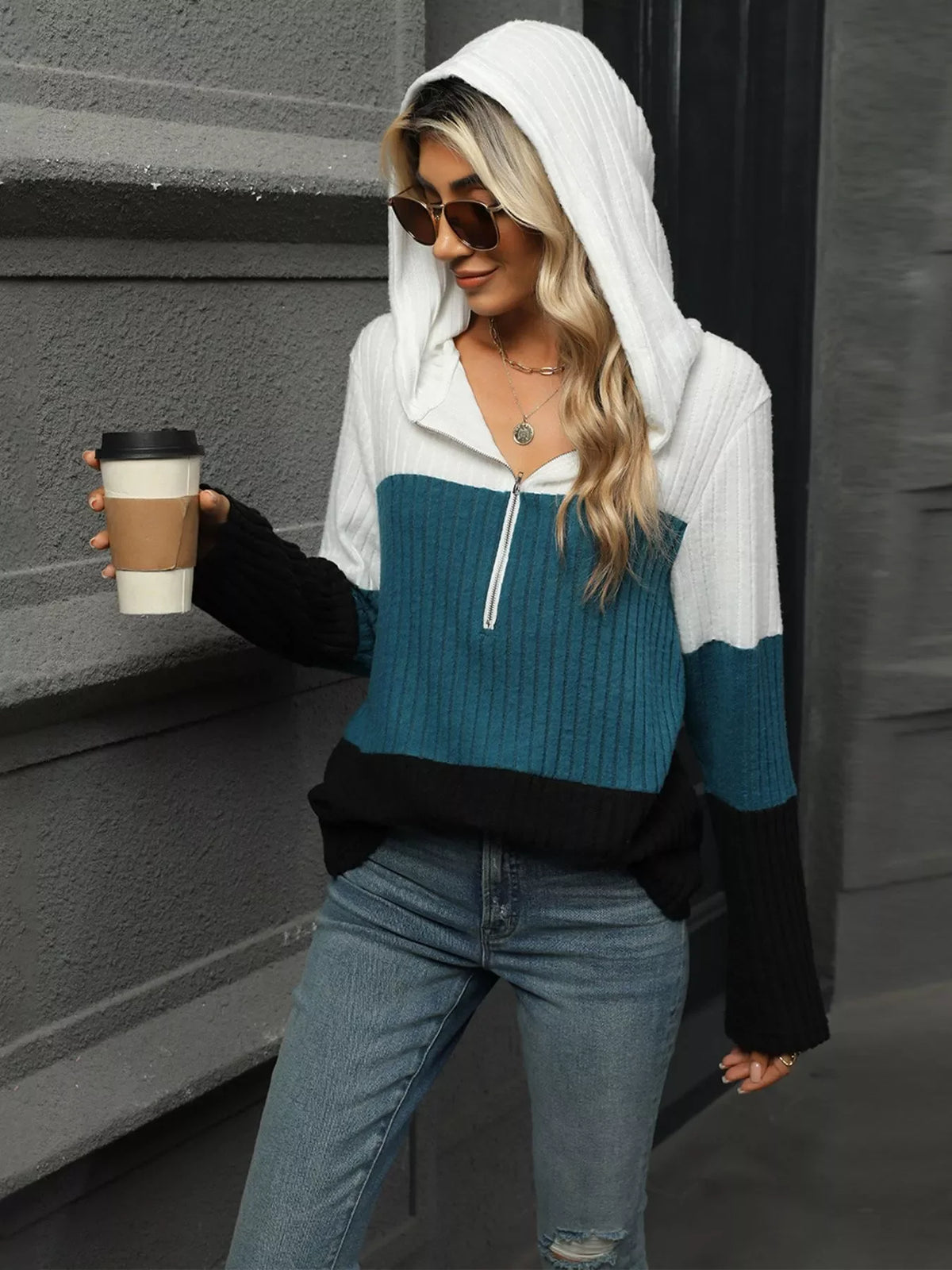 Color Block Half Zip Hooded Top - Southern Shores Clothing