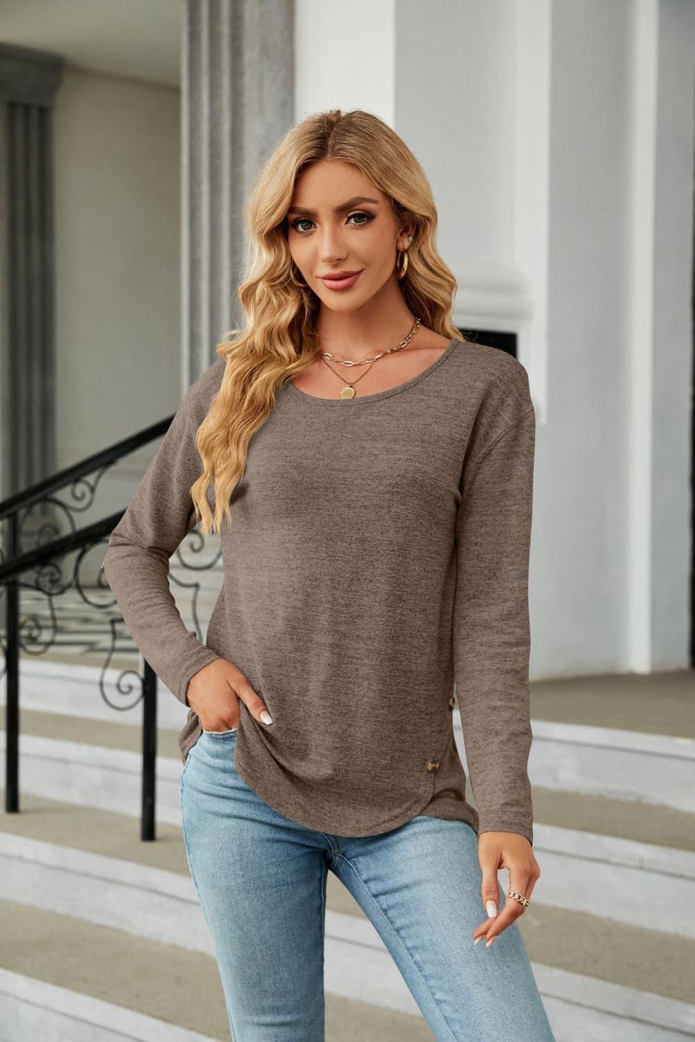 Solid Pattern Round Neck Long Sleeve Stretch Tee - Southern Shores Clothing