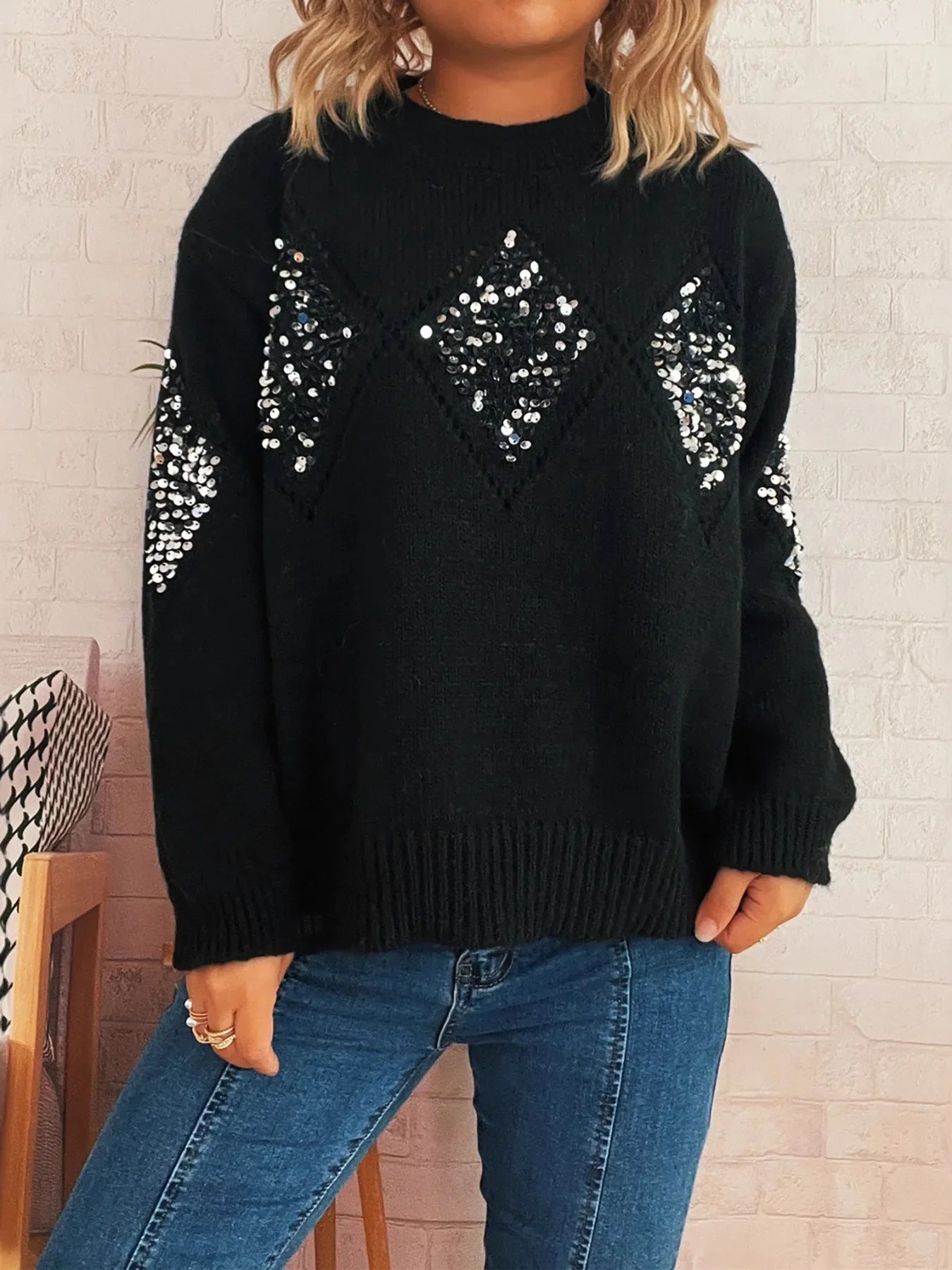 Sequined Diamond Pattern Oversized Sweater - Southern Shores Clothing