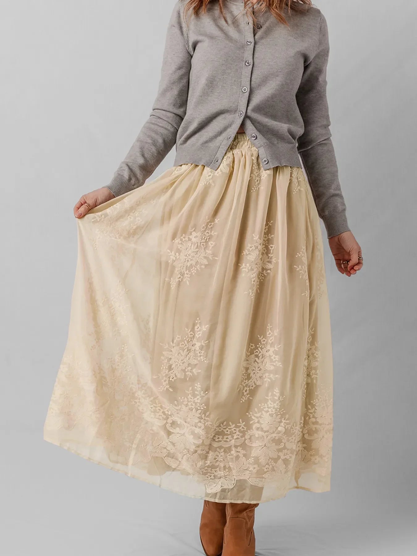 Flowing Embroidered Mesh Overlay Midi Skirt - Southern Shores Clothing