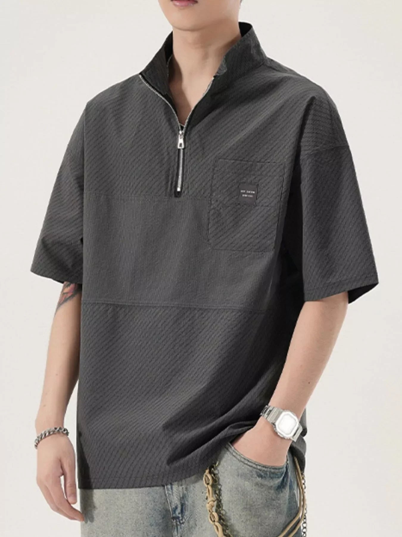 Plus Size Oversized Half-Zip Textured T-Shirt - Southern Shores Clothing