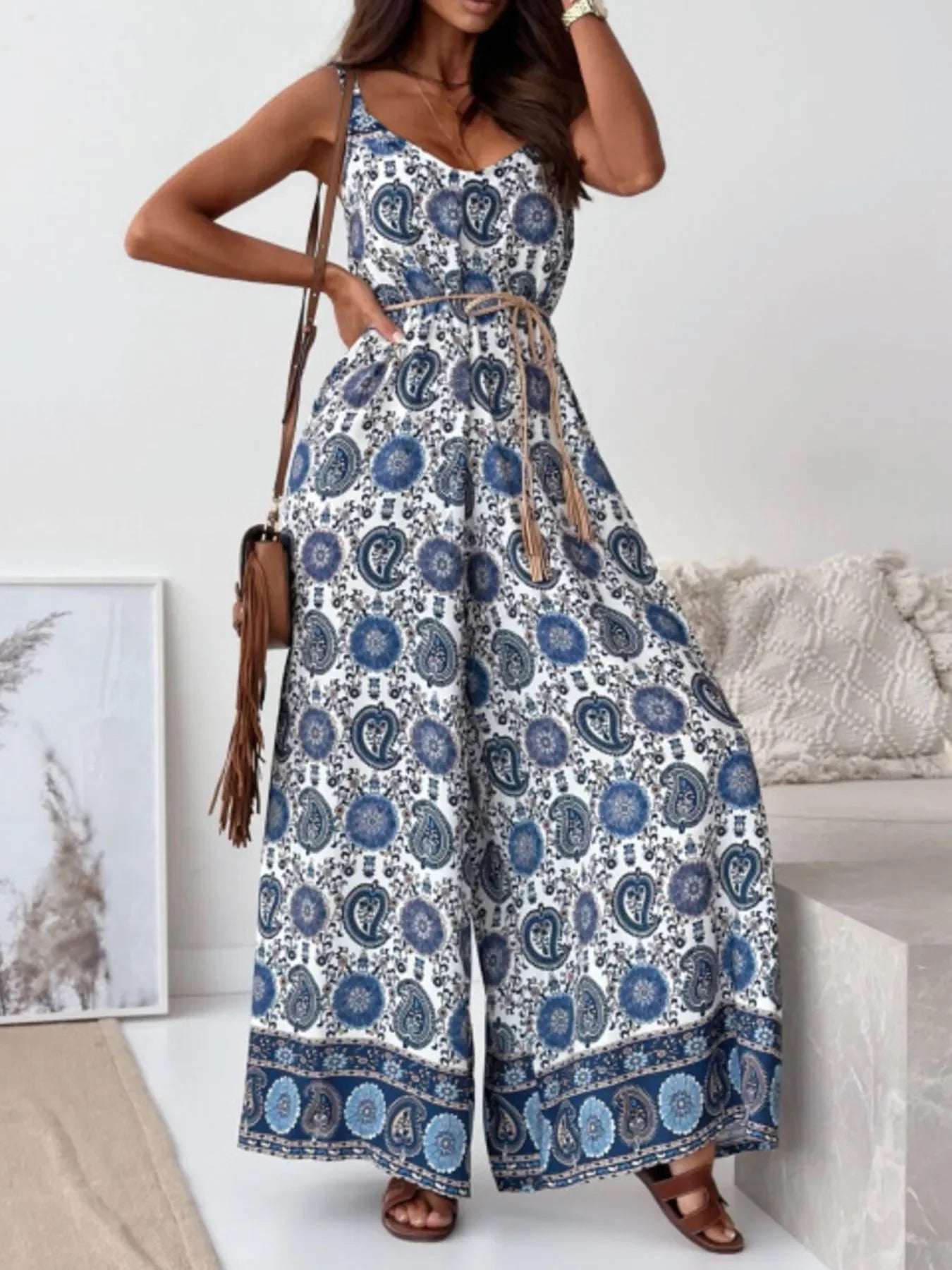 Paisley Print Spaghetti Strap Wide Leg Jumpsuit - Southern Shores Clothing