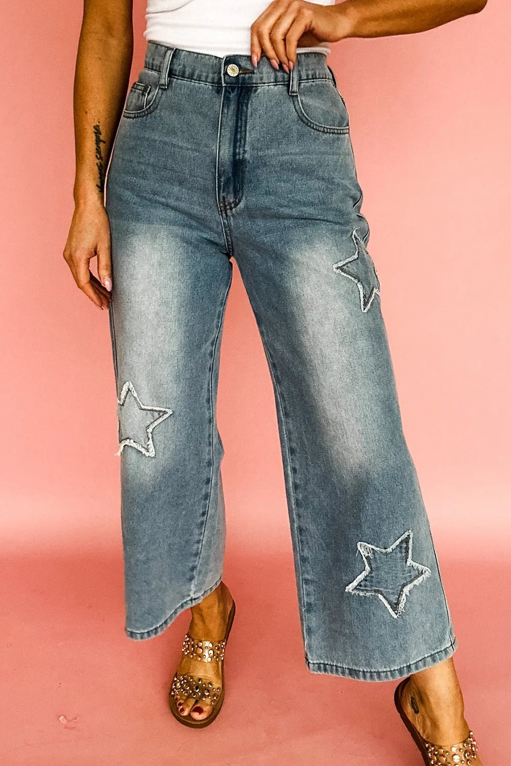 Coastal Star Embroidered High Waist Wide Leg Jeans