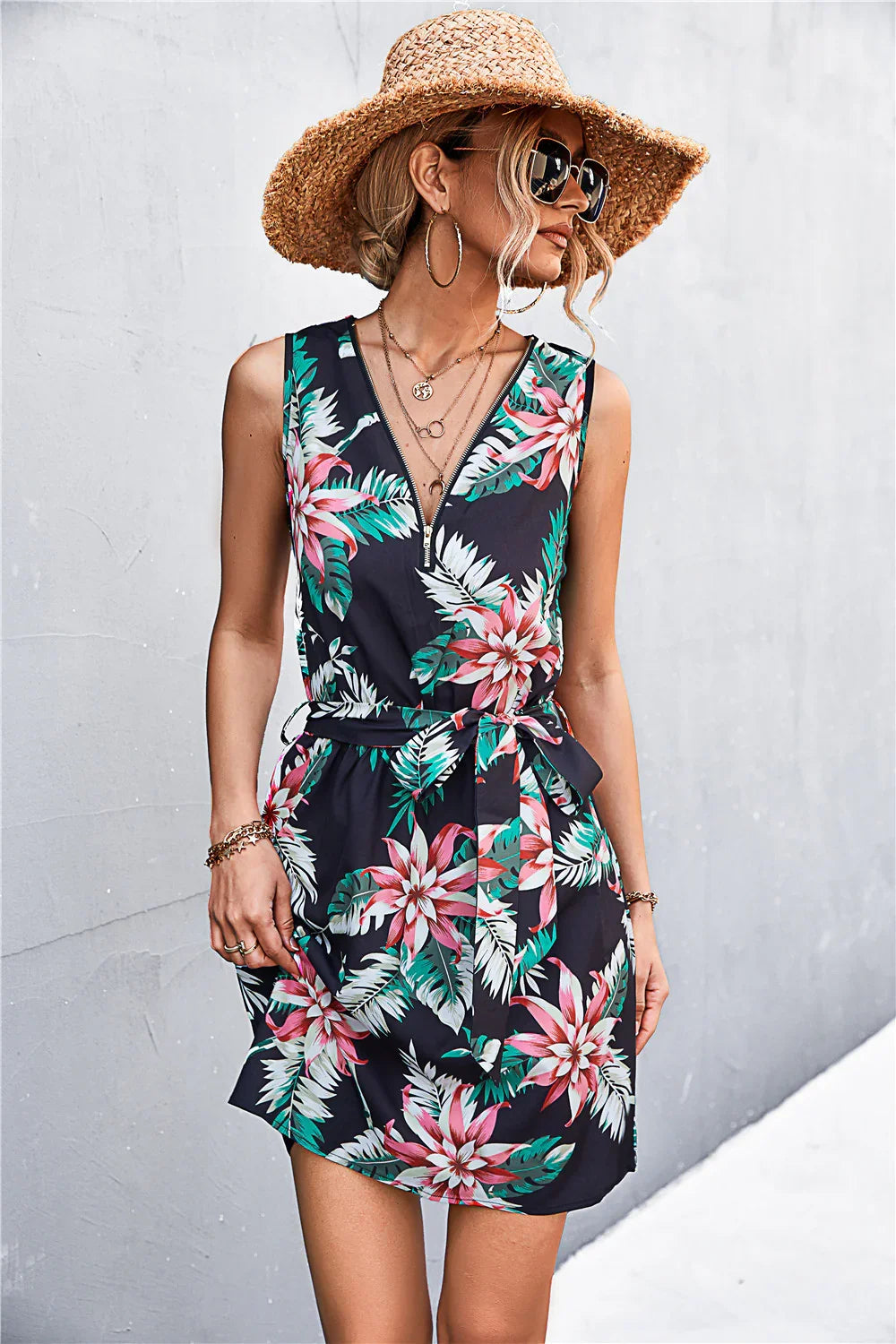 Printed Zip Detail Belted Sleeveless Dress - Southern Shores Clothing