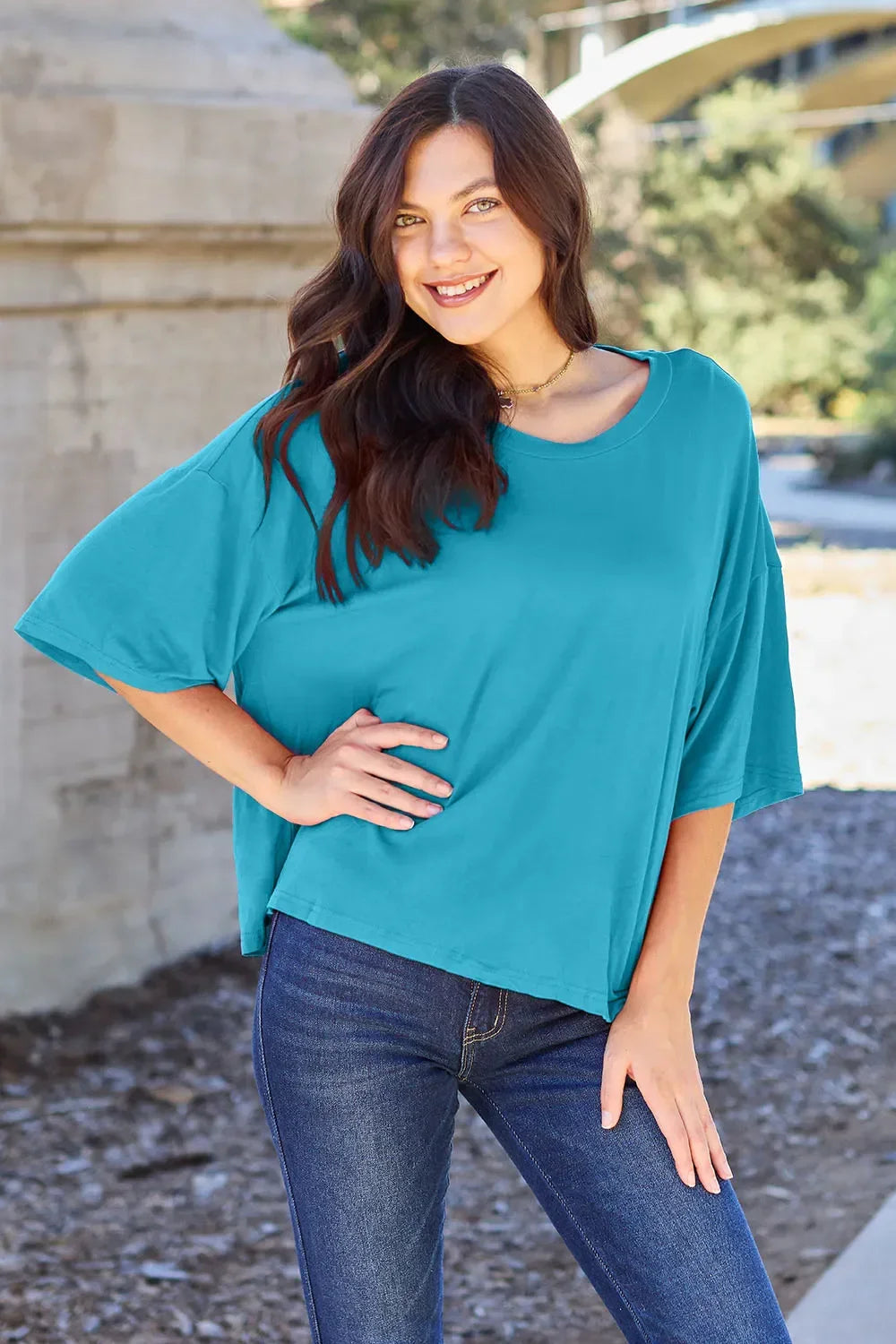 Basic Round Neck Drop Shoulder Tee Top for Layering - Southern Shores Clothing